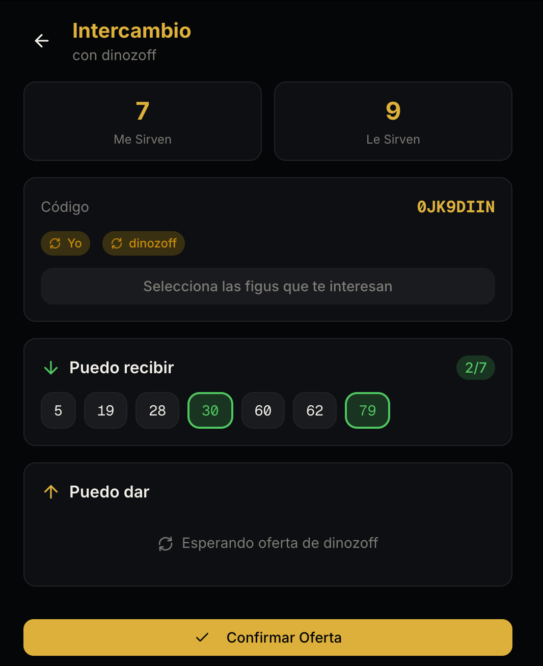 Pantalla de intercambio en Figus.pro — intercambio con dinozoff, 7 me sirven y 9 le sirven, selección de figuritas 30 y 79 para recibir, botón Confirmar Oferta