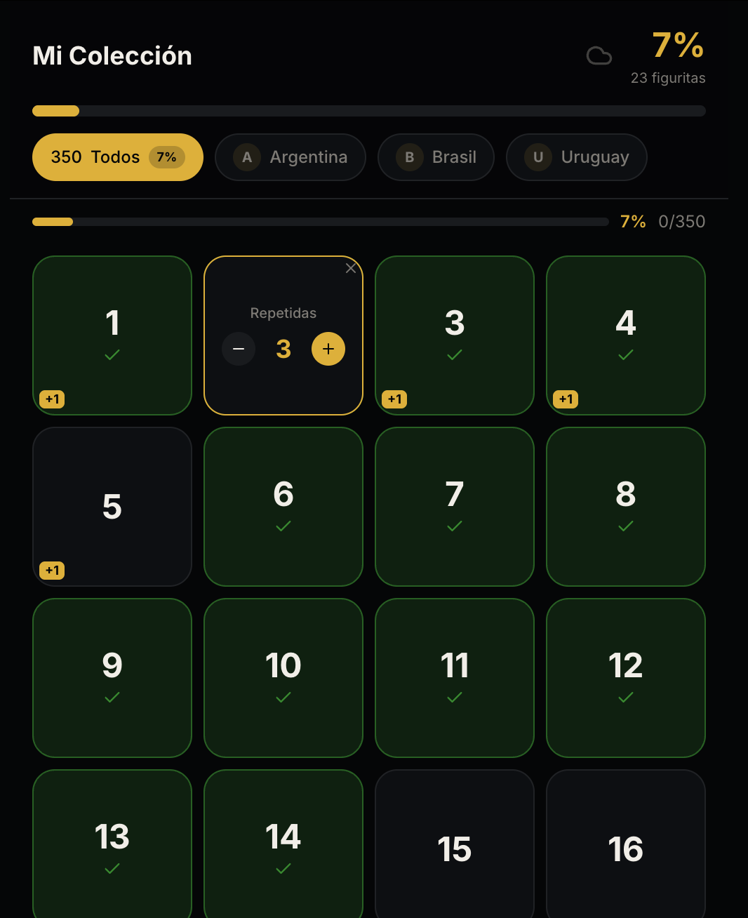 Pantalla de repetidas en Figus.pro — popup mostrando 3 repetidas de la figurita 2 con botones para sumar o restar